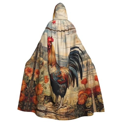 CADREWY Umhang mit Hahn auf Holz im Bauernland-Druck, bezaubernder Umhang mit Kapuze in voller Länge, Unisex, Umhang für Halloween, Cosplay und Thema von CADREWY