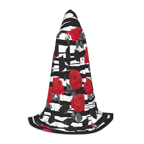 CADREWY Umhang mit Kapuze, Schwarz und Weiß, Streifen, Rote Rose, Blumendruck, Unisex, Gothic-Kostüm, Karneval, Mottopartys, Vampir, festliche Dekoration von CADREWY