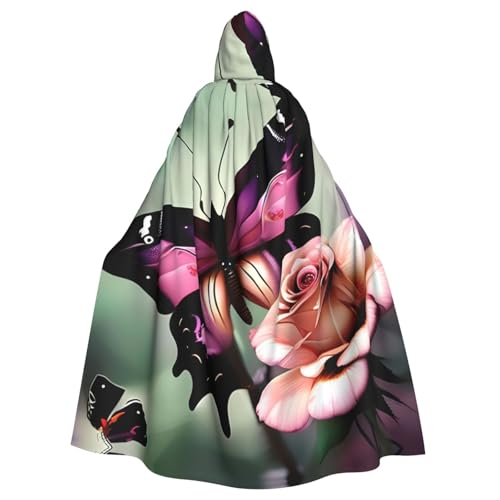 CADREWY Umhang mit Kapuze und Blumen-Rose, Schmetterling, bezaubernd, voller Länge, Unisex, Umhang für Halloween, Cosplay und Thema von CADREWY