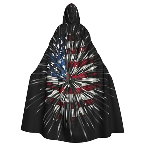 CADREWY Umhang mit amerikanischer Flagge, Feuerwerk-Druck, bezaubernd, volle Länge, Kapuzenumhang, Unisex, Umhang für Halloween, Cosplay und Thema von CADREWY