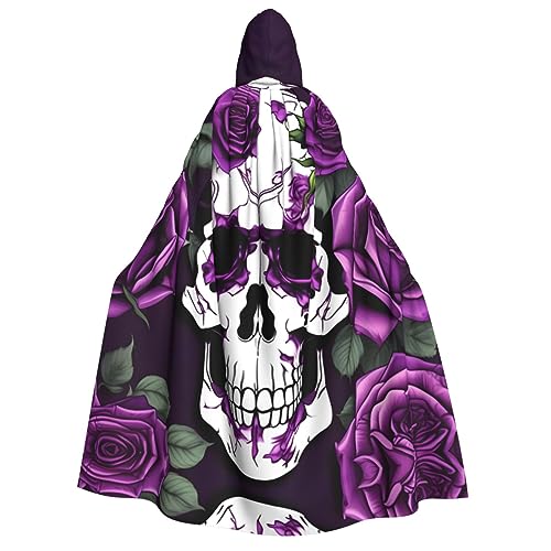 CADREWY Umhang mit violettem Rosen-Skelett-Druck, bequemer Kapuzenumhang für Erwachsene für Männer und Frauen, Cosplay, Karneval, Motto-Partys von CADREWY