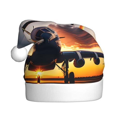 CADREWY Weihnachtsmütze mit Flugzeugmotiv bei Sonnenuntergang, für Erwachsene, Unisex, Weihnachtsmannmütze mit Weihnachtsfeier-Dekor von CADREWY