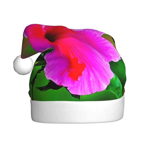 CADREWY Weihnachtsmütze mit Hibiskusblumen-Muster, festliche Weihnachtsmannmütze für Erwachsene, Unisex, Weihnachtsmannmütze mit Weihnachtsfeier-Dekoration von CADREWY
