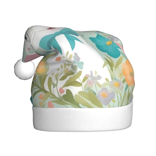 CADREWY Weihnachtsmütze mit Osterhasen-Blumendruck, festliche Weihnachtsmannmütze für Erwachsene, Unisex, Weihnachtsmannmütze mit Weihnachtsfeier-Dekoration von CADREWY