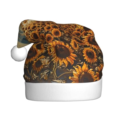 CADREWY Weihnachtsmütze mit Sonnenblumen-Motiv und Meeresdruck, für Erwachsene, Unisex, Weihnachtsmannmütze mit Weihnachtsfeier-Dekoration von CADREWY