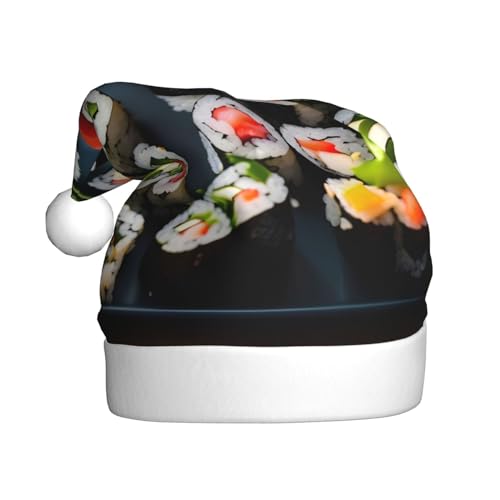 CADREWY Weihnachtsmütze mit Sushi-Muster, für Erwachsene, Unisex, Weihnachtsmannmütze mit Weihnachtsfeier-Dekoration von CADREWY