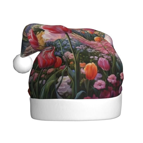 CADREWY Weihnachtsmütze mit Tulpenmotiv für Erwachsene, Unisex, Weihnachtsmannmütze mit Weihnachtsfeier-Dekor von CADREWY