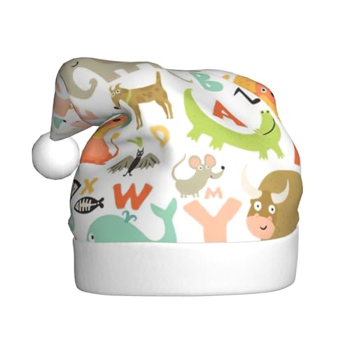 CADREWY Weihnachtsmütze mit Zoo-Alphabet-Tierdruck, festliche Weihnachtsmütze für Erwachsene, Unisex, Weihnachtsmannmütze mit Weihnachtsfeier-Dekor von CADREWY