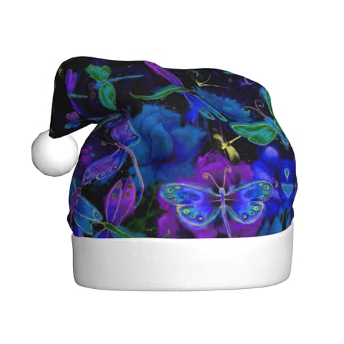 CADREWY Weihnachtsmütze mit blauem Libellen-Aufdruck, für Erwachsene, Unisex, Weihnachtsmannmütze mit Weihnachtsfeier-Dekoration von CADREWY