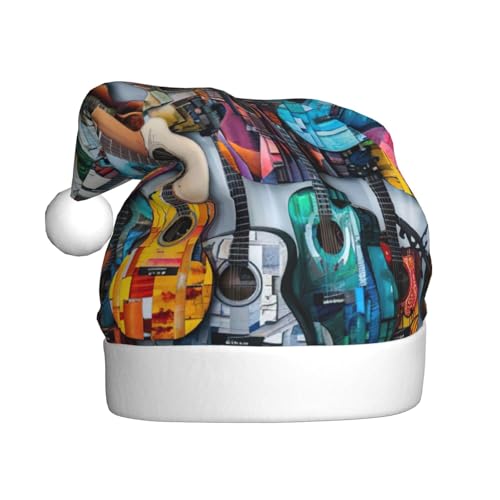CADREWY Weihnachtsmütze mit buntem Akustik- und Gitarren-Druck, festliche Weihnachtsmütze für Erwachsene, Unisex, Weihnachtsmannmütze mit Weihnachtsfeier-Dekoration von CADREWY