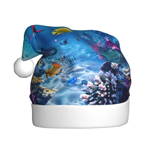 CADREWY Weihnachtsmütze mit buntem Ozean-Motiv, festliche Weihnachtsmütze für Erwachsene, Unisex, Weihnachtsmannmütze mit Weihnachtsfeier-Dekoration von CADREWY