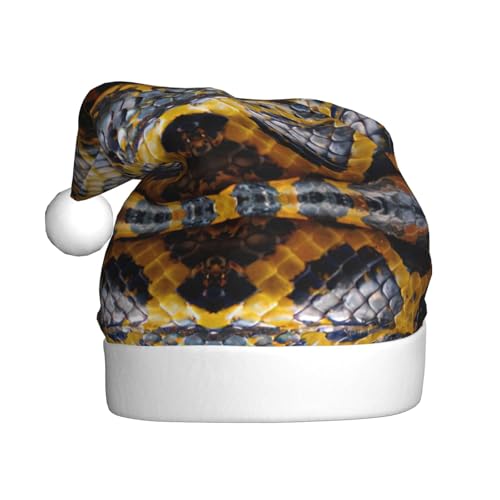 CADREWY Weihnachtsmütze mit gelbem Schlangen-Druck, festliche Weihnachtsmannmütze für Erwachsene, Unisex, Weihnachtsmannmütze mit Weihnachtsfeier-Dekoration von CADREWY