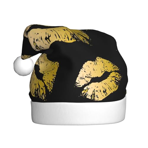 CADREWY Weihnachtsmütze mit goldfarbenem Lippen-Aufdruck, festliche Weihnachtsmütze für Erwachsene, Unisex, Weihnachtsmannmütze mit Weihnachtsfeier-Dekor von CADREWY
