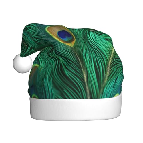 CADREWY Weihnachtsmütze mit grünem Pfauenfeder-Druck, festliche Weihnachtsmütze für Erwachsene, Unisex, Weihnachtsmannmütze mit Weihnachtsfeier-Dekor von CADREWY