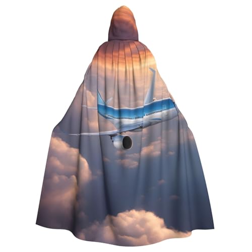 CADREWY Wunderschöner Himmelsflugzeug-Druck, bezaubernder Umhang mit Kapuze in voller Länge, Unisex, Umhang für Halloween, Cosplay und Thema von CADREWY