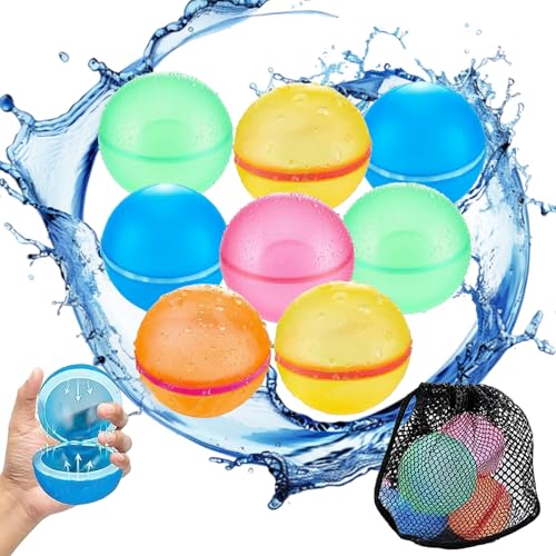CAIJ 8 Wiederverwendbare Wasserballons, Wasserballons mit 1 Netzbeutel, Magnetische Wasserballons mit Automatischem Verschluss, Geeignet für Strand, Pool, Party und Kinderspiele im Freien von CAIJ