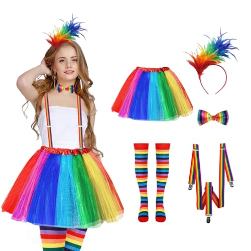 CAIJ Karneval Regenbogen Damen Kostüm, 5er Regenbogen Kostüm Regenbogen mit Riemen Tüllrock Bunt Feder Stirnband Kniestrümpfe Bunt für Erwachsene für Kostümparty Mottoparty von CAIJ