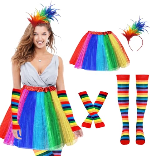 CAIJ Karneval Regenbogen Kostüm Damen, Tüllrock, Kleid, Kniestrümpfe Bunt, Fingerlose Handschuhe, Feder Stirnband für Halloween Fasching Mottoparty CAIJ Karneval Regenbogen Kostüm Damen, Tüllrock, Kleid, Kniestrümpfe Bunt, Fingerlose Handschuhe, Feder Stirnband für Halloween Fasching Mottoparty von CAIJ