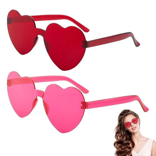 2 Stück Herz Sonnenbrille,Herzform Damen Sunglasses,Rahmenlos Herzbrille Rot Und Rosa Herz Brille Kombi-Set,Partybrille,Hippie,Lustig,Karneval,Retro Sonnenbrillen,für Valentinstag Fasnet Spaßbrille von CAIKAILIOR