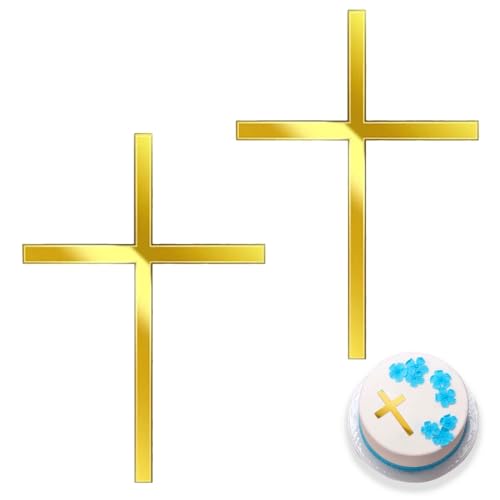 2 Stück Kreuz Tortendeko Taufe,Cake Topper Kommunion,Gold Deko Konfirmation,Mädchen Junge Torte Firmung Acryl Dekoration,Kuchen Tortenaufleger Goldene Kreuze,für Hochzeit Geburtstag Party Tauftorte von CAIKAILIOR