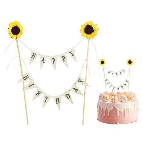 Happy Birthday Tortendeko,Mini Wimpelkette Cake Topper Geburtstag,Kuchen Banner Deko Mit Sonnenblume Girlande,Vintage Tortenstecker Toppers,Geburtstagsdeko Stecker,für Geburtstagsthema Party's Bunting von CAIKAILIOR