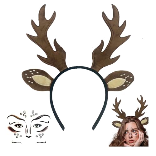 Reh Kostüm Damen,Geweih Haarreif Kinder Fasching Rentier Ohren Haarreifen Braun Kopfschmuck mit Bambi Schminke Gesichtstattoo Set Erwachsene Hirsc Kostüme Accessoires für Mädche Cosplay Rentierkostüm Reh Kostüm Damen,Geweih Haarreif Kinder Fasching Rentier Ohren Haarreifen Braun Kopfschmuck mit Bambi Schminke Gesichtstattoo Set Erwachsene Hirsc Kostüme Accessoires für Mädche Cosplay Rentierkostüm von CAIKAILIOR