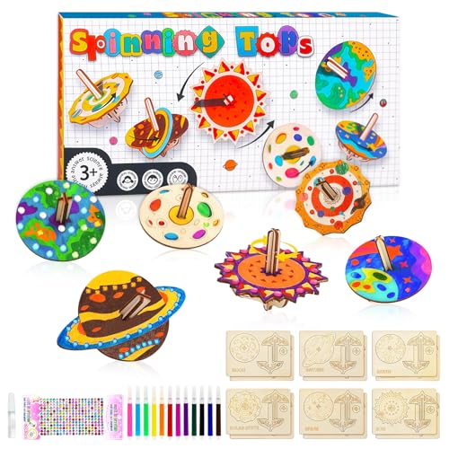 12x Planeten Holzkreisel Bastelset zum Bemalen – Mit Buntstiften, Stickern & Diamanten, Kreativset für Jungen Mädchen 3-12 Jahre (Holz) von CAIXIANGYU