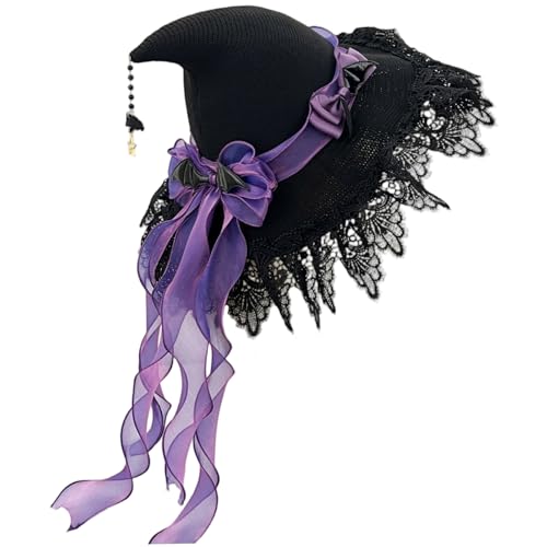 CAKEEYUM Lila Hexenhut Lolita Girl Wizard Hüte mit Spitzenverkleidung und Band für Frauen Halloween Cosplay Party Accessoire von CAKEEYUM