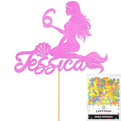 Cakeshop Geburtstagskuchendekoration mit Glitzer, personalisierbar mit jedem Namen und jedem Alter, Meerjungfrauen-Kuchendekoration zum 1., 2., 3., 4., 5., 6., 7., 8., 9., 10., 16., 18., Babyrosa von CAKESHOP edible cake toppers EST. 2012