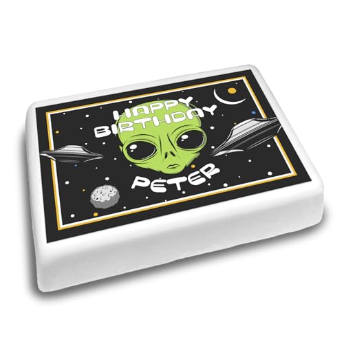 Cakeshop Landschaft Personalisierter Essbarer Kuchenaufleger Weltraum Alien & Raumschiffe | Individueller Text | Für Geburtstage & Feiern | Mehrere Formen & Größen | Zuckerguss- & Oblatenpapier von CAKESHOP edible cake toppers EST. 2012