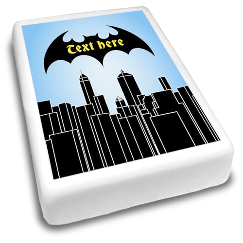 Cakeshop Portrait Personalisierte Essbare Tortendekoration Mit Fledermaus Superheld Stadt| Personalisieren Name & Alter| Für Geburtstage & Feiern| Mehrere Formen & Größen| Zuckerguss & Oblatenpapier von CAKESHOP edible cake toppers EST. 2012