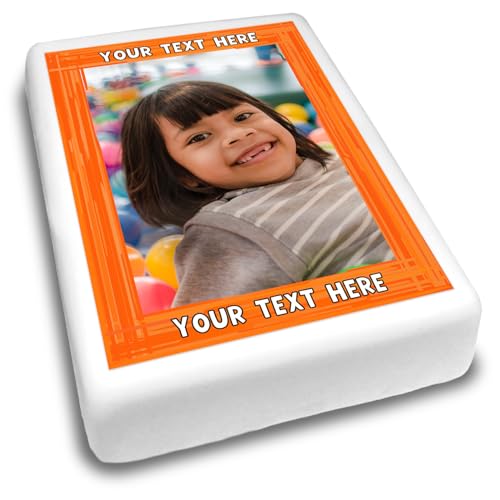 Cakeshop Portrait Personalisierte Essbare Tortendekoration Mit Orangem Rand & Text | Benutzerdefiniertes Bild & Text | Für Geburtstage & Feiern | Mehrere Formen & Größen | Zuckerguss & Oblatenpapier von CAKESHOP edible cake toppers EST. 2012