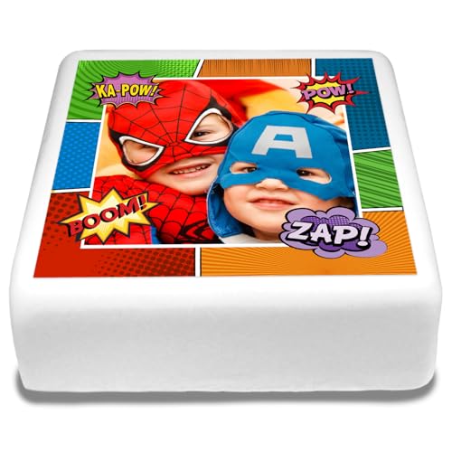 Cakeshop Quadratisch Essbarer personalisierter Kuchenaufleger mit Superhelden-Comicrahmen | Bild anpassen | Für Geburtstage & Feiern | Verschiedene Größen & Formen | Zucker & Oblatenpapier von CAKESHOP edible cake toppers EST. 2012