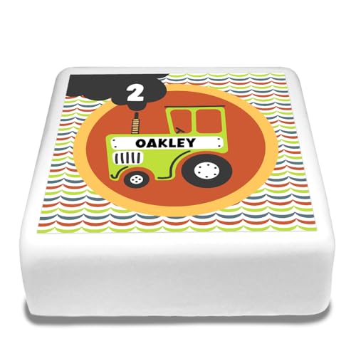 Cakeshop Quadratische Personalisierte Essbare Tortenauflage Bunter Orange Retro Bauernhof Traktor| Benutzerdefiniertes Alter & Name| Für Geburtstage Feiern| Mehrere Formen Größen| Zucker/Oblatenpapier von CAKESHOP edible cake toppers EST. 2012