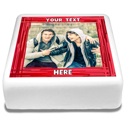 Cakeshop Quadratische Personalisierte Essbare Tortendekoration Mit Rotem Rand & Text | Benutzerdefiniertes Bild & Text | Für Geburtstage & Feiern | Mehrere Formen & Größen | Zuckerguss & Oblatenpapier von CAKESHOP edible cake toppers EST. 2012
