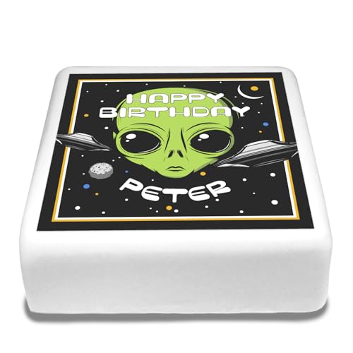 Cakeshop Quadratische Personalisierte Essbare Tortendekoration Weltraum Alien & Raumschiffe | Individueller Text | Für Geburtstage & Feiern | Mehrere Formen & Größen | Zuckerguss & Oblatenpapier von CAKESHOP edible cake toppers EST. 2012