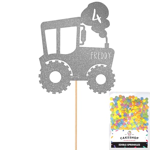 Cakeshop Tortenaufsatz, Motiv: Traktor, personalisierbar, Dunkelsilber, jedes individuelle Alter und Namen, glitzernde Kuchendekoration und Streusel, Happy Birthday Dekorationen, personalisierbar Cakeshop Tortenaufsatz, Motiv: Traktor, personalisierbar, Dunkelsilber, jedes individuelle Alter und Namen, glitzernde Kuchendekoration und Streusel, Happy Birthday Dekorationen, personalisierbar von CAKESHOP edible cake toppers EST. 2012