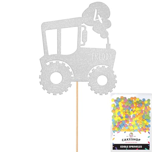 Cakeshop Tortenaufsatz, Motiv: Traktor, personalisierbar, Hellsilber, jedes individuelle Alter und Namen, glitzernde Kuchendekoration und Streusel, Happy Birthday-Dekorationen, personalisierbar Cakeshop Tortenaufsatz, Motiv: Traktor, personalisierbar, Hellsilber, jedes individuelle Alter und Namen, glitzernde Kuchendekoration und Streusel, Happy Birthday-Dekorationen, personalisierbar von CAKESHOP edible cake toppers EST. 2012