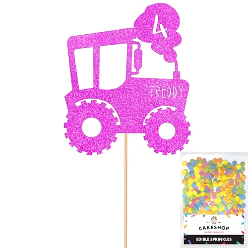 Cakeshop Tortenaufsatz, Motiv: Traktor, personalisierbar, Rosa mit jedem Alter und Namen, glitzernde Kuchendekoration und Streusel, Happy Birthday Dekorationen, personalisierbar von CAKESHOP edible cake toppers EST. 2012