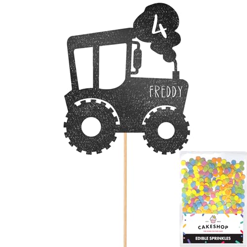 Cakeshop Tortenaufsatz, Motiv: Traktor, personalisierbar, Schwarz mit jedem Alter und Namen, glitzernde Kuchendekoration und Streusel, Happy Birthday Dekorationen, personalisierbar von CAKESHOP edible cake toppers EST. 2012