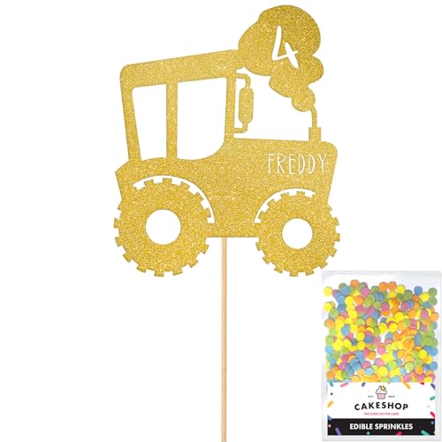 Cakeshop Tortenaufsatz, Motiv: Traktor, personalisierbar, goldfarben, jedes individuelle Alter und Namen, glitzernde Kuchendekoration und Streusel, Happy Birthday Dekorationen, personalisierbar von CAKESHOP edible cake toppers EST. 2012
