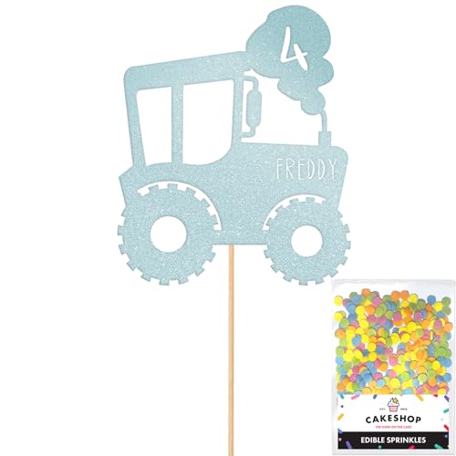 Cakeshop Tortenaufsatz, Motiv: Traktor, personalisierbar, hellblau, jedes individuelle Alter und Namen, glitzernde Kuchendekoration und Streusel, Happy Birthday Dekorationen, personalisierbare Cakeshop Tortenaufsatz, Motiv: Traktor, personalisierbar, hellblau, jedes individuelle Alter und Namen, glitzernde Kuchendekoration und Streusel, Happy Birthday Dekorationen, personalisierbare von CAKESHOP edible cake toppers EST. 2012