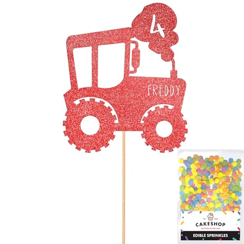 Cakeshop Tortenaufsatz, Motiv: Traktor, personalisierbar, rot, jedes individuelle Alter und Namen, glitzernde Kuchendekoration und Streusel, Happy Birthday Dekorationen, personalisierbar Cakeshop Tortenaufsatz, Motiv: Traktor, personalisierbar, rot, jedes individuelle Alter und Namen, glitzernde Kuchendekoration und Streusel, Happy Birthday Dekorationen, personalisierbar von CAKESHOP edible cake toppers EST. 2012