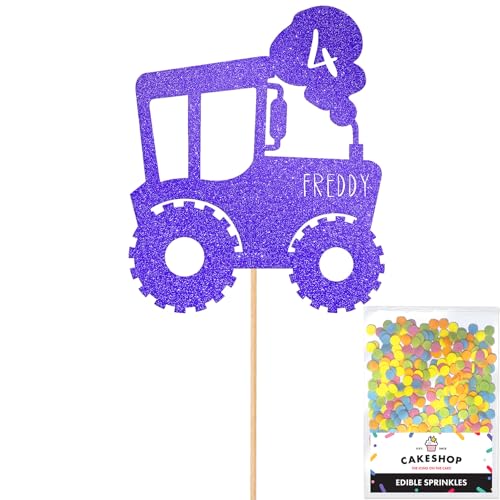 Cakeshop Tortenaufsatz, Motiv: Traktor mit Traktor, personalisierbar, Hellblau, jedes individuelle Alter und Namen, glitzernde Kuchendekoration und Streusel – Happy Birthday Dekorationen von CAKESHOP edible cake toppers EST. 2012