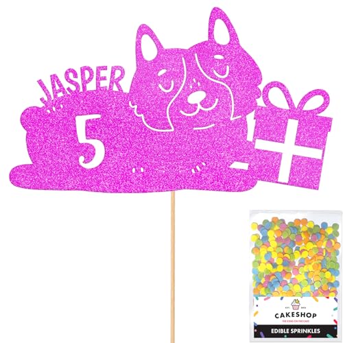Cakeshop Tortenaufsatz mit Hunde-Terrier-Motiv, personalisierbar, Rosa mit Namen und Alter, glitzernde Kuchendekoration und Streusel, Happy Birthday Dekorationen, personalisierbar von CAKESHOP edible cake toppers EST. 2012