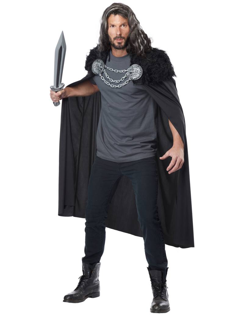 Dunker Wikinger-Umhang Mittelalter-Cape mit Kette schwarz-silber von KARNEVAL-MEGASTORE