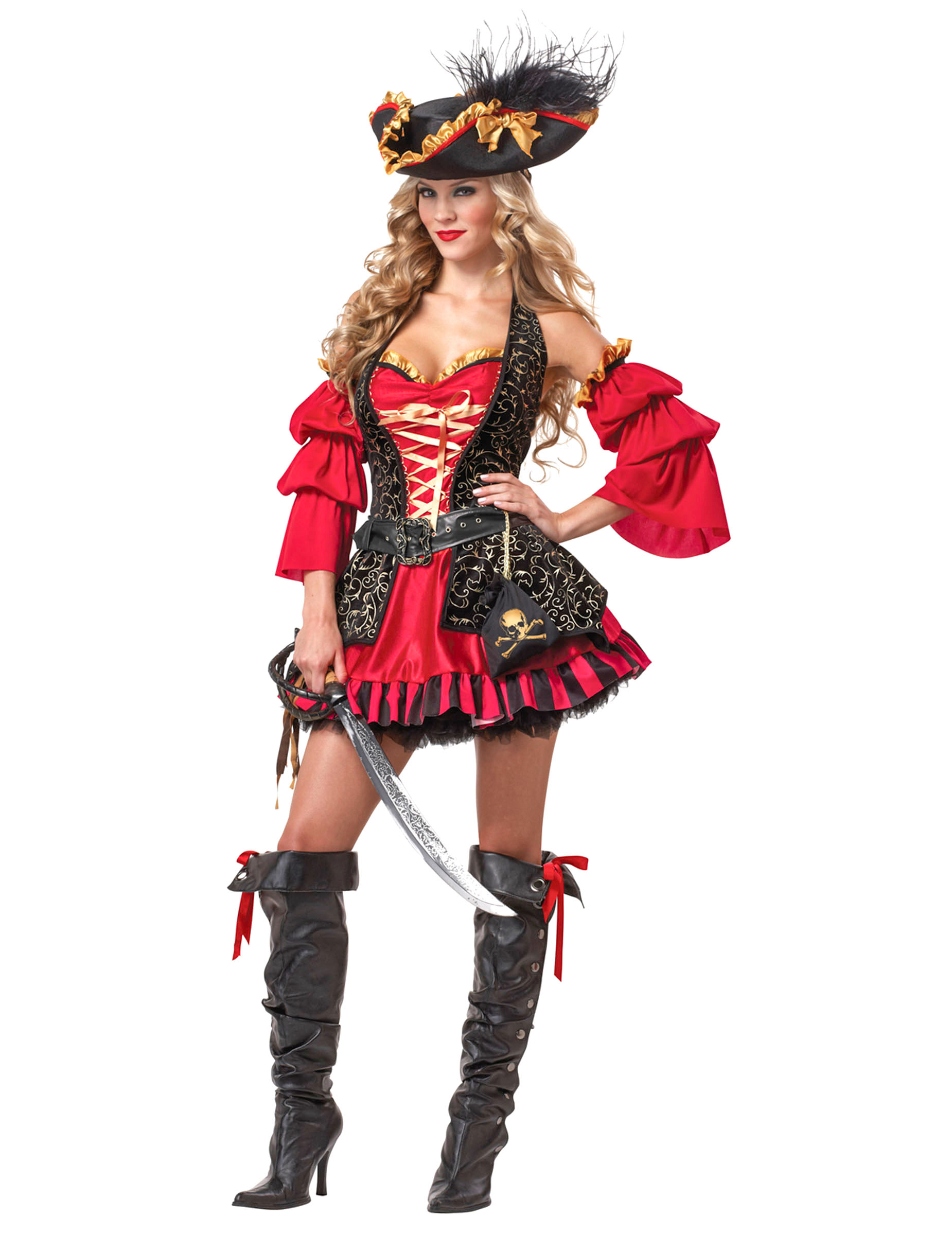 Edles Piratin Damen-Kostüm rot-gold-schwarz von KARNEVAL-MEGASTORE