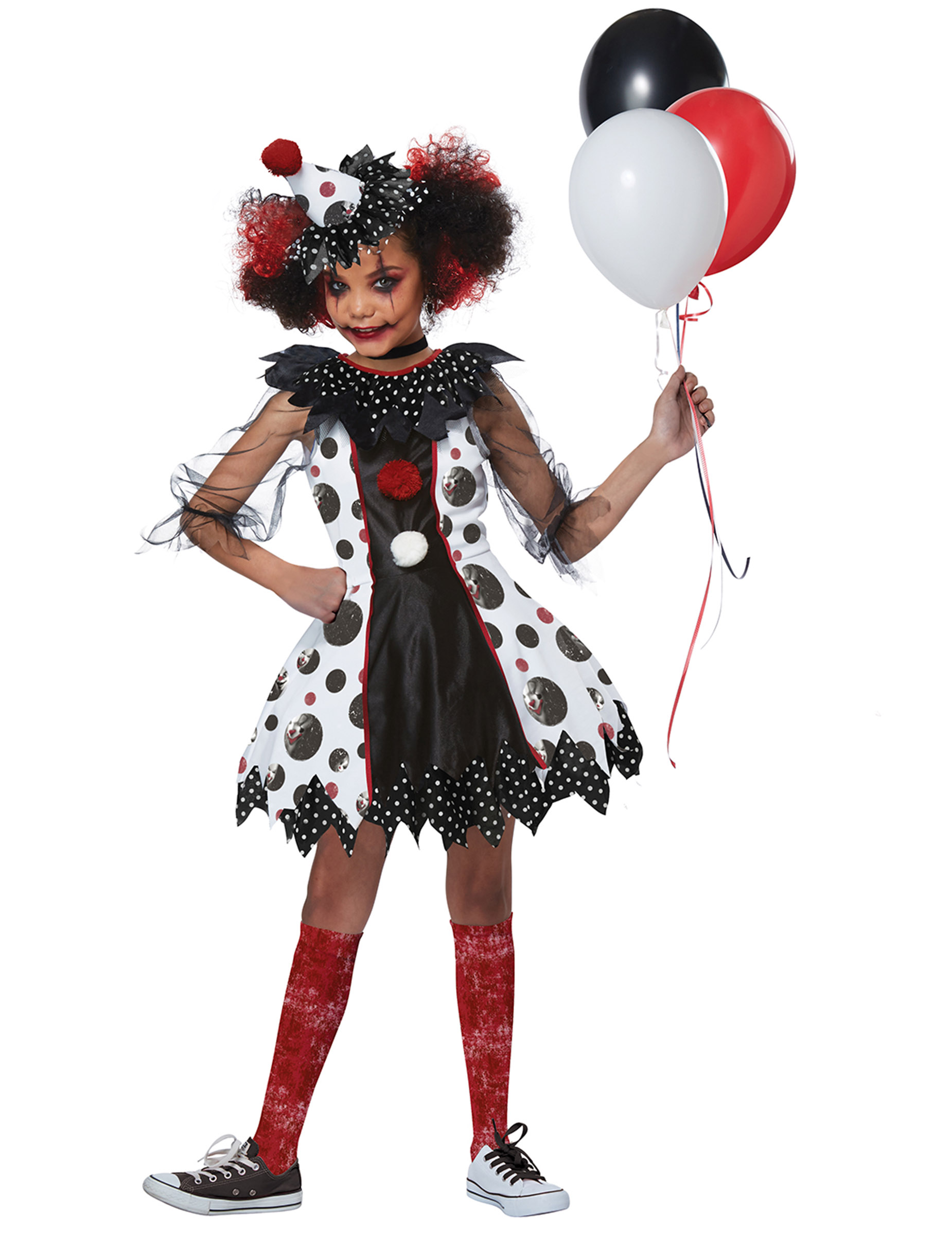 Furchteinflössendes Clown-Kostüm für Mädchen Halloweenkostüm schwarz-weiss-rot von KARNEVAL-MEGASTORE