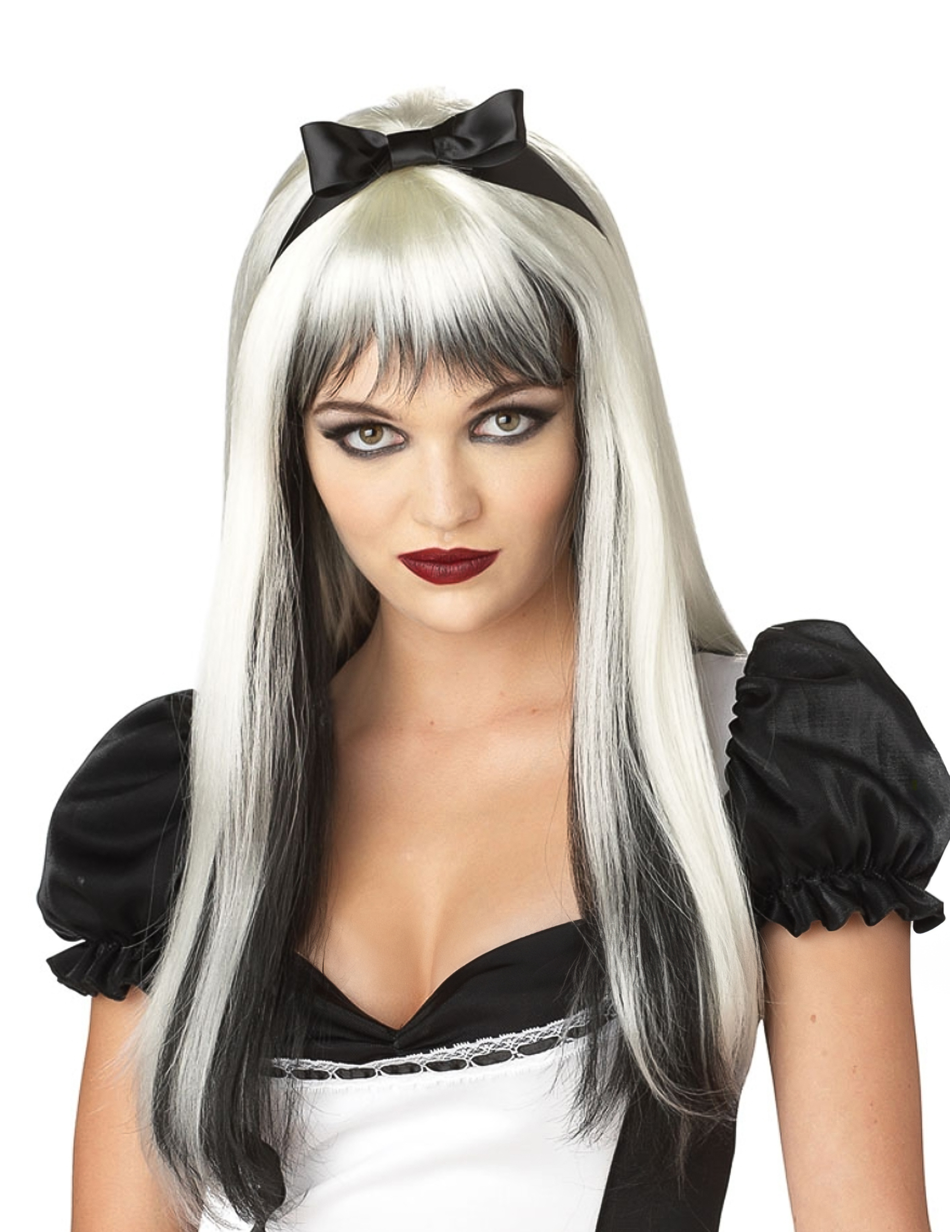 Halloween Langhaar Perücke mit Strähnen weiß-schwarz von KARNEVAL-MEGASTORE