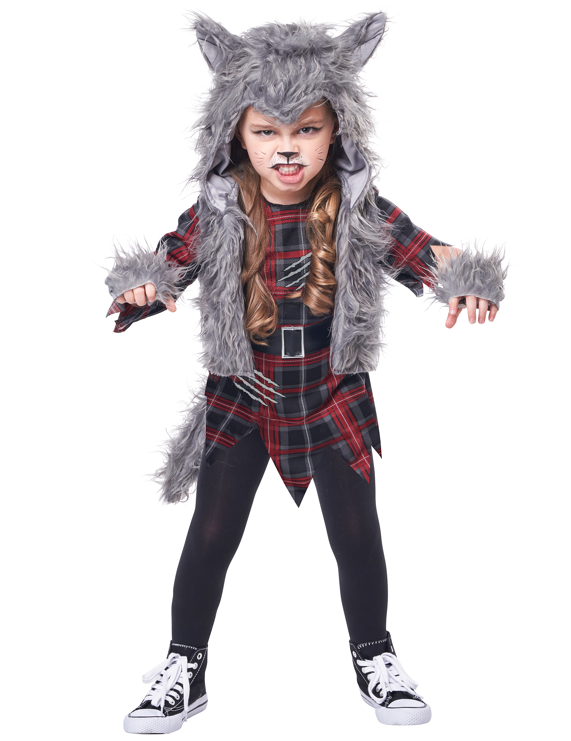 Schauriges Werwolf-Kostüm für Mädchen Halloween-Kostüm grau-rot-schwarz Schauriges Werwolf-Kostüm für Mädchen Halloween-Kostüm grau-rot-schwarz von KARNEVAL-MEGASTORE